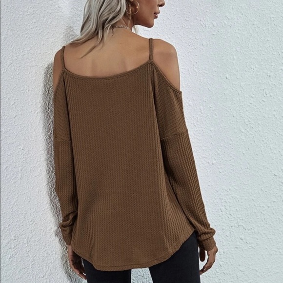 Waffle knit cold shoulder long sleeve top pink - Picture 4 of 5